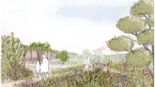 a drawing of a flower garden with lots of trees and colourful flowers. There are winding paths within the garden, and outlines of people walking.